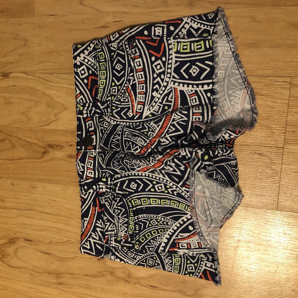Colorful patterned denim shorts